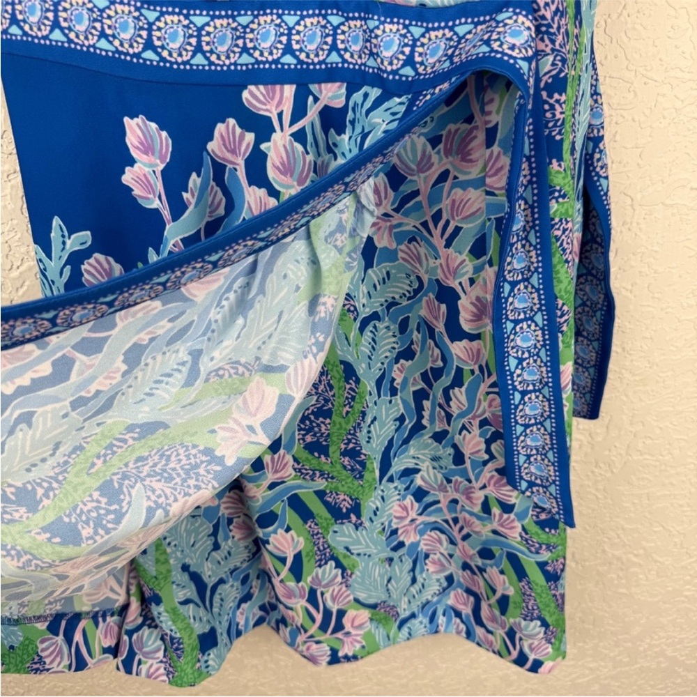 Lilly Pulitzer Blue Floral Wrap Jumpsuit with Pink & Aqua Accents - Picture 4 of 4